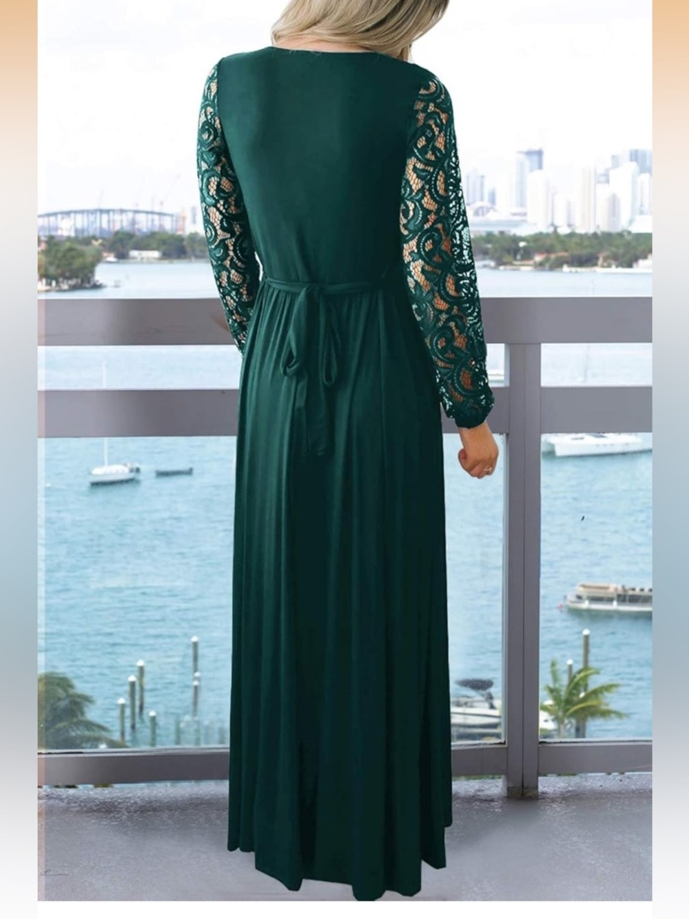 Women’s Deep Green Lace Sleeve Maxi Dress - Picture 3 of 10